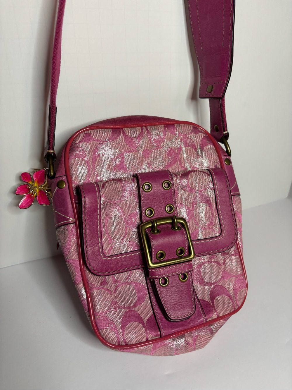 Coach Pink Signature Canvas Crossbody with Buckle Front